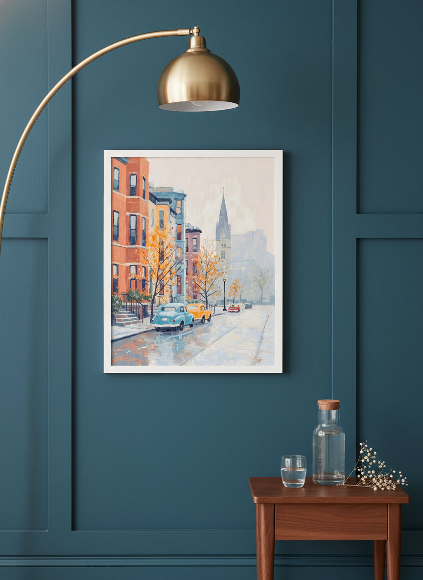 Boston Autumn Street Scene art print shown in a deep teal modern setting