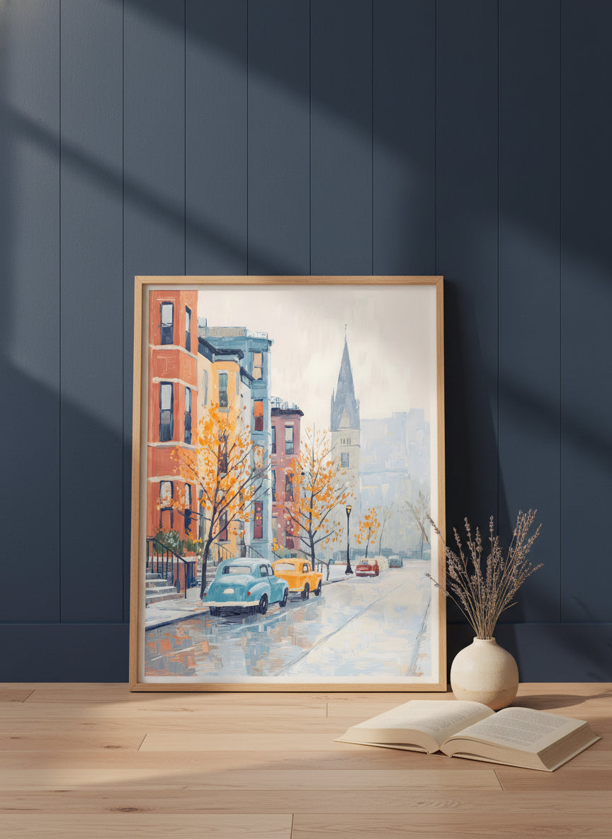 Boston Autumn Street Scene art print shown in a navy paneled oak setting