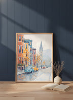 Boston Autumn Street Scene art print shown in a navy paneled oak setting