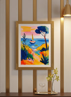 Mediterranean Sailboat Coastal Art art print shown in a art deco geometric setting