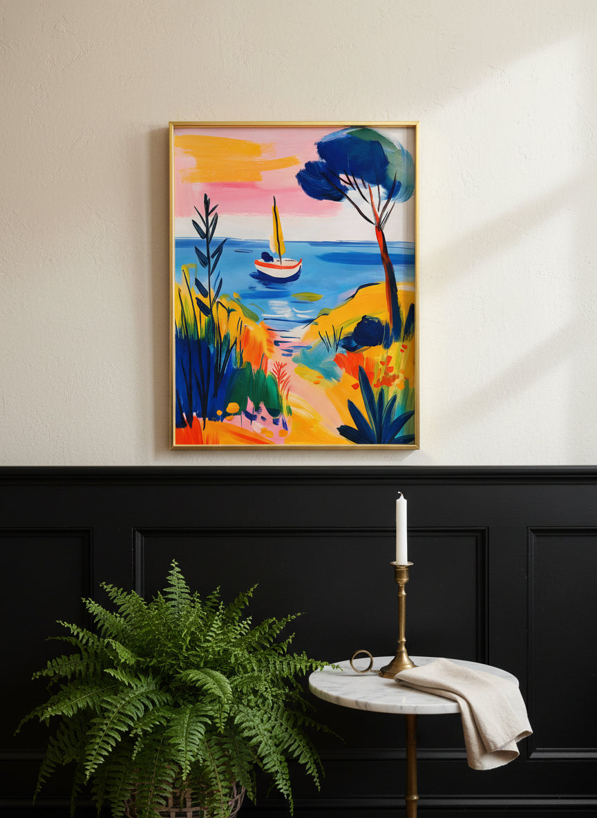 Mediterranean Sailboat Coastal Art art print shown in a black wainscoting gold setting