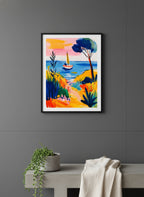 Mediterranean Sailboat Coastal Art art print shown in a charcoal minimal black setting