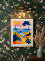 Mediterranean Sailboat Coastal Art art print shown in a chinoiserie moody setting