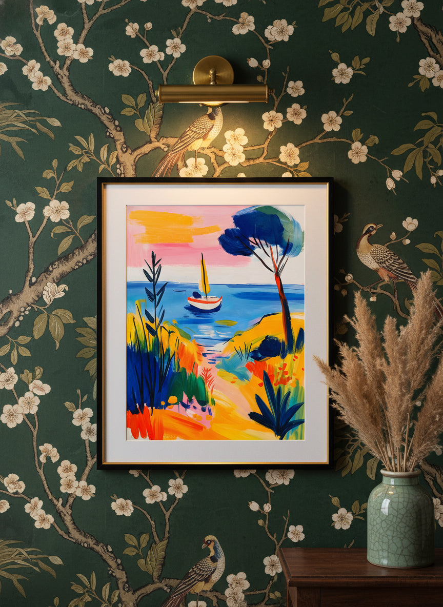 Mediterranean Sailboat Coastal Art art print shown in a chinoiserie moody setting