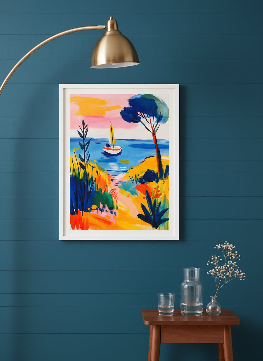 Mediterranean Sailboat Coastal Art art print shown in a deep teal modern setting