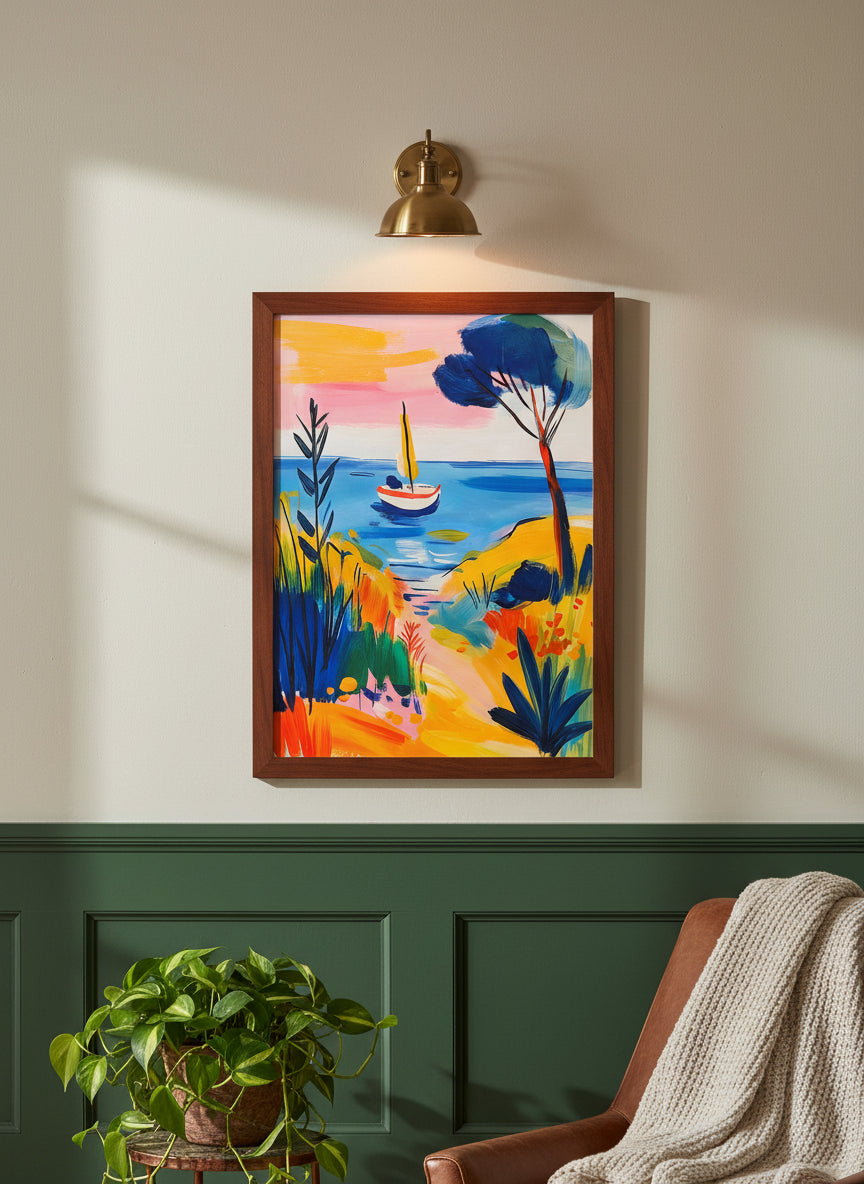 Mediterranean Sailboat Coastal Art art print shown in a forest green walnut setting