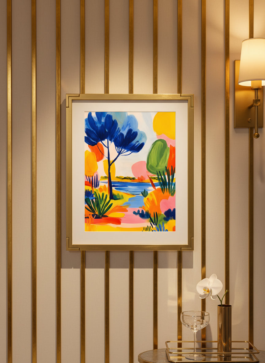Colorful Abstract Landscape Art art print shown in a art deco geometric setting