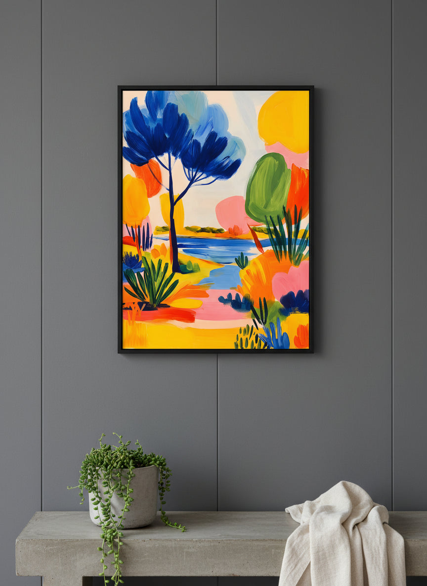 Colorful Abstract Landscape Art art print shown in a charcoal minimal black setting