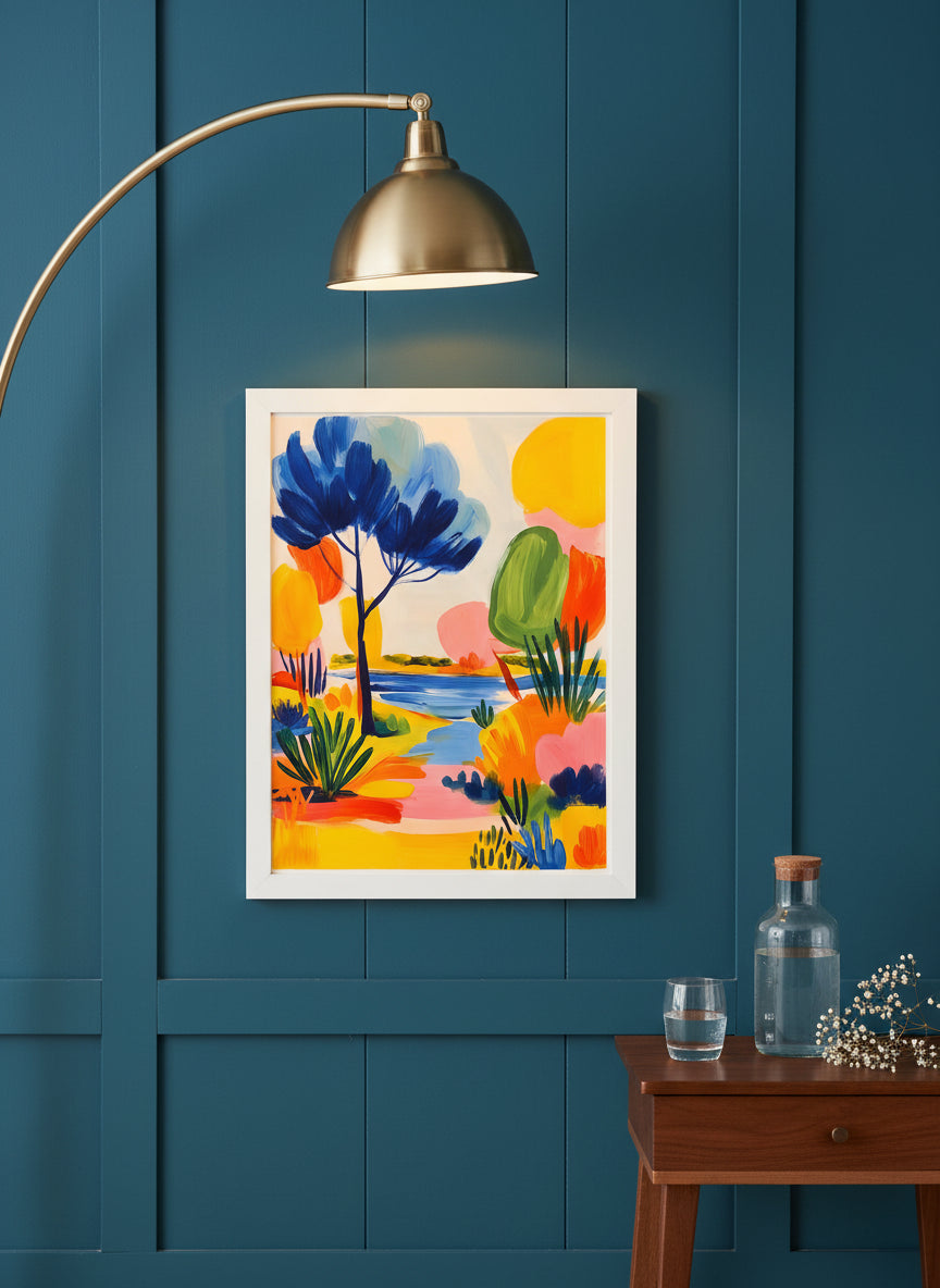 Colorful Abstract Landscape Art art print shown in a deep teal modern setting