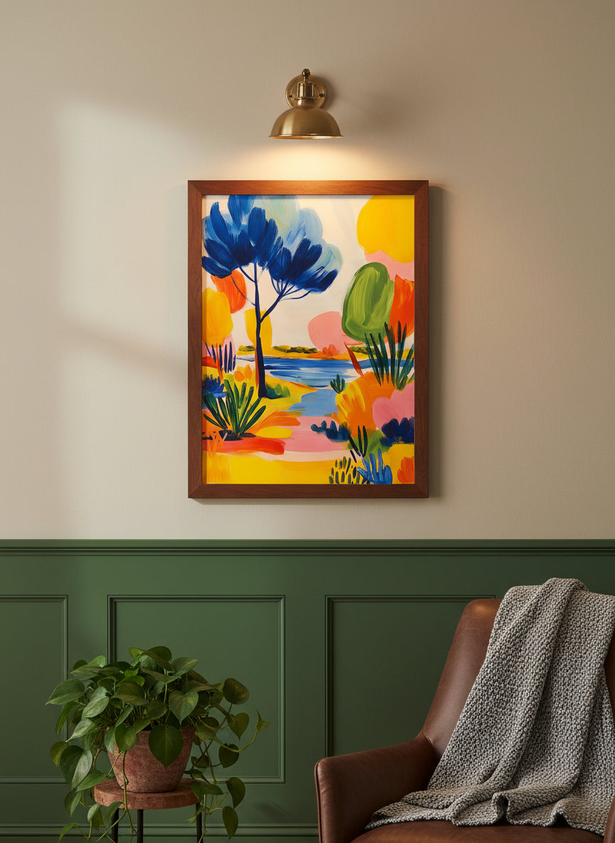 Colorful Abstract Landscape Art art print shown in a forest green walnut setting