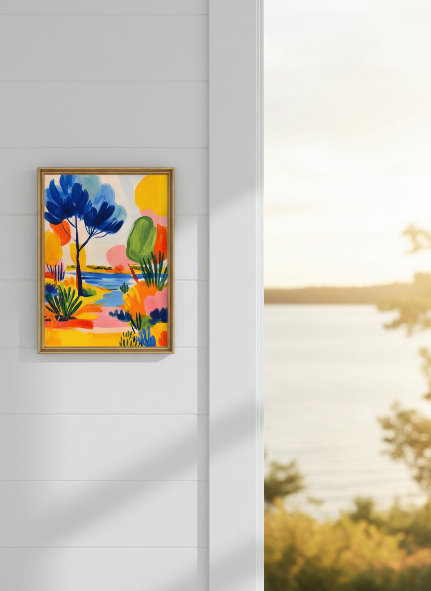 Colorful Abstract Landscape Art art print shown in a shiplap blurred view setting