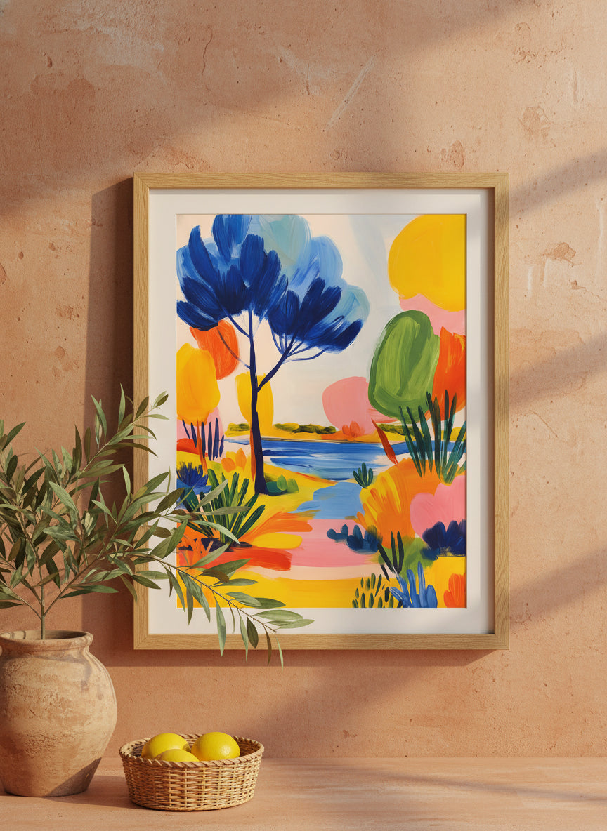 Colorful Abstract Landscape Art art print shown in a terracotta rustic setting