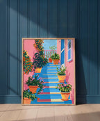 Greek Island Stairway Botanical Art art print shown in a blue 1 setting