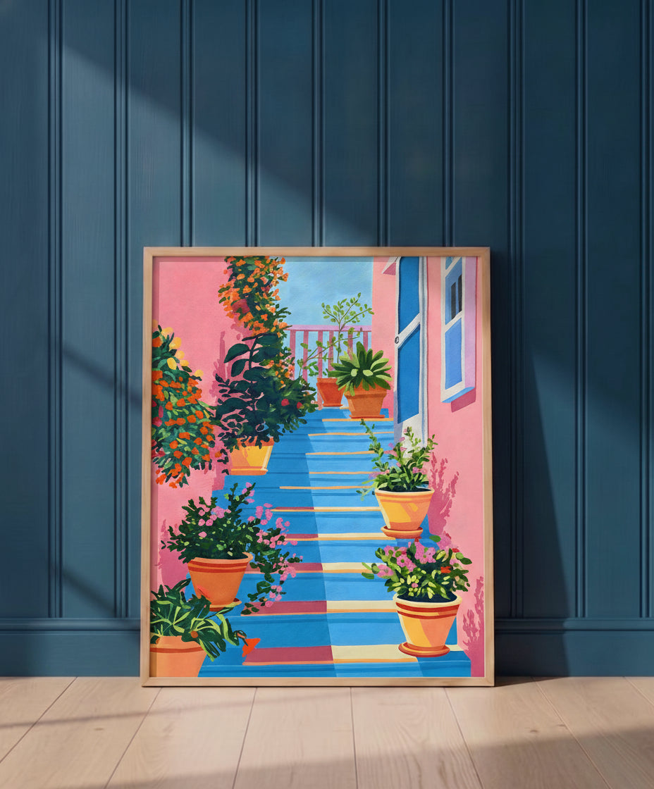 Greek Island Stairway Botanical Art art print shown in a blue 1 setting