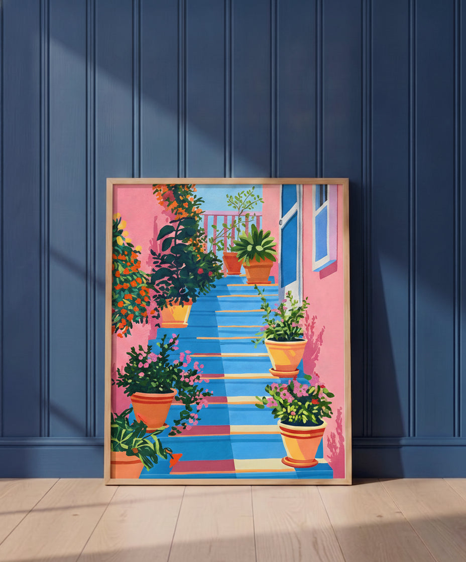 Greek Island Stairway Botanical Art art print shown in a blue wall paneled setting