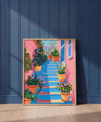 Greek Island Stairway Botanical Art art print shown in a blue wall paneled setting
