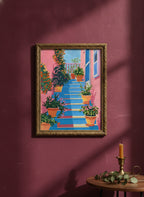 Greek Island Stairway Botanical Art art print shown in a burgundy brass setting