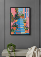 Greek Island Stairway Botanical Art art print shown in a charcoal minimal black setting