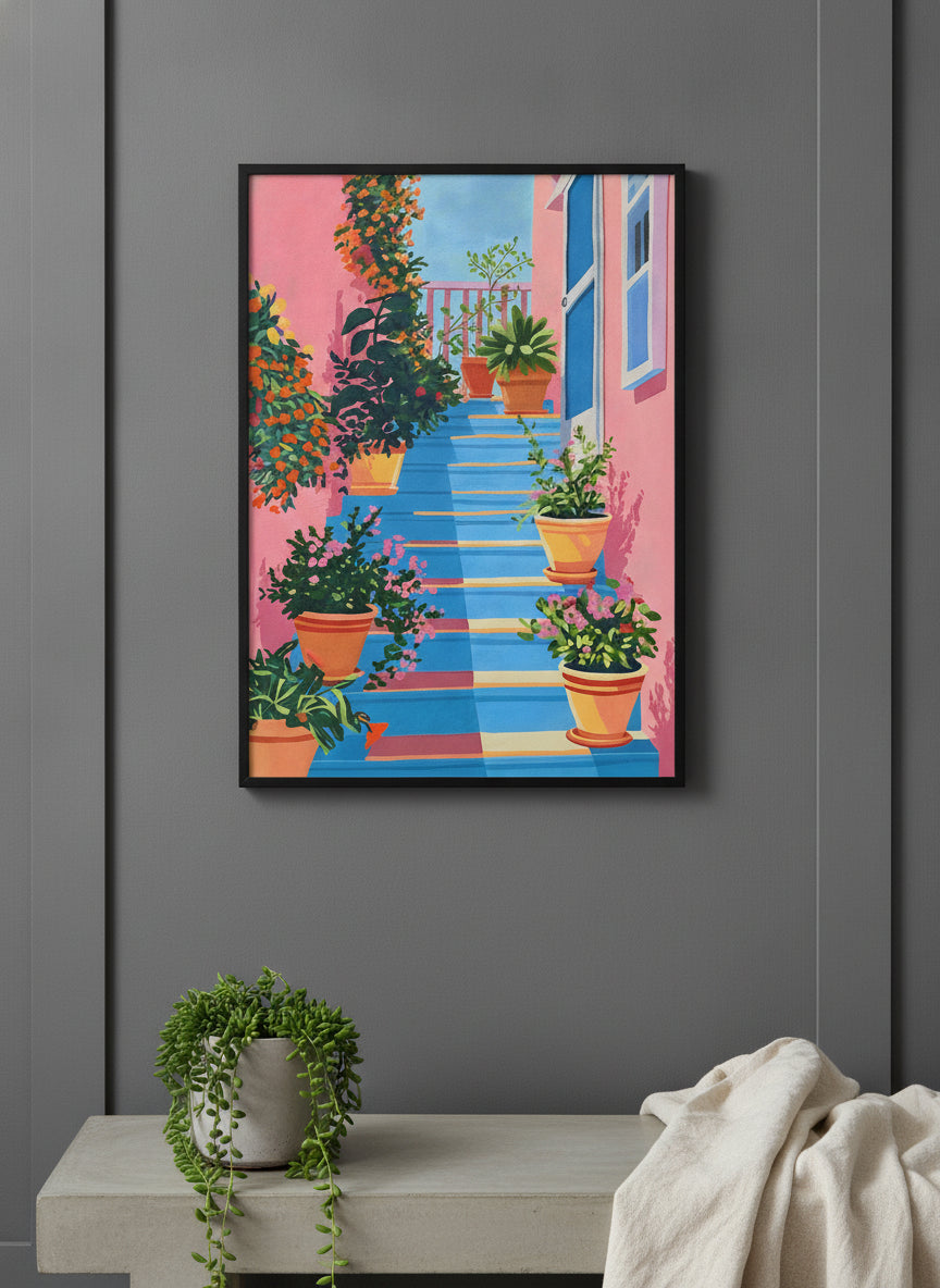 Greek Island Stairway Botanical Art art print shown in a charcoal minimal black setting