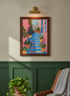 Greek Island Stairway Botanical Art art print shown in a forest green walnut setting