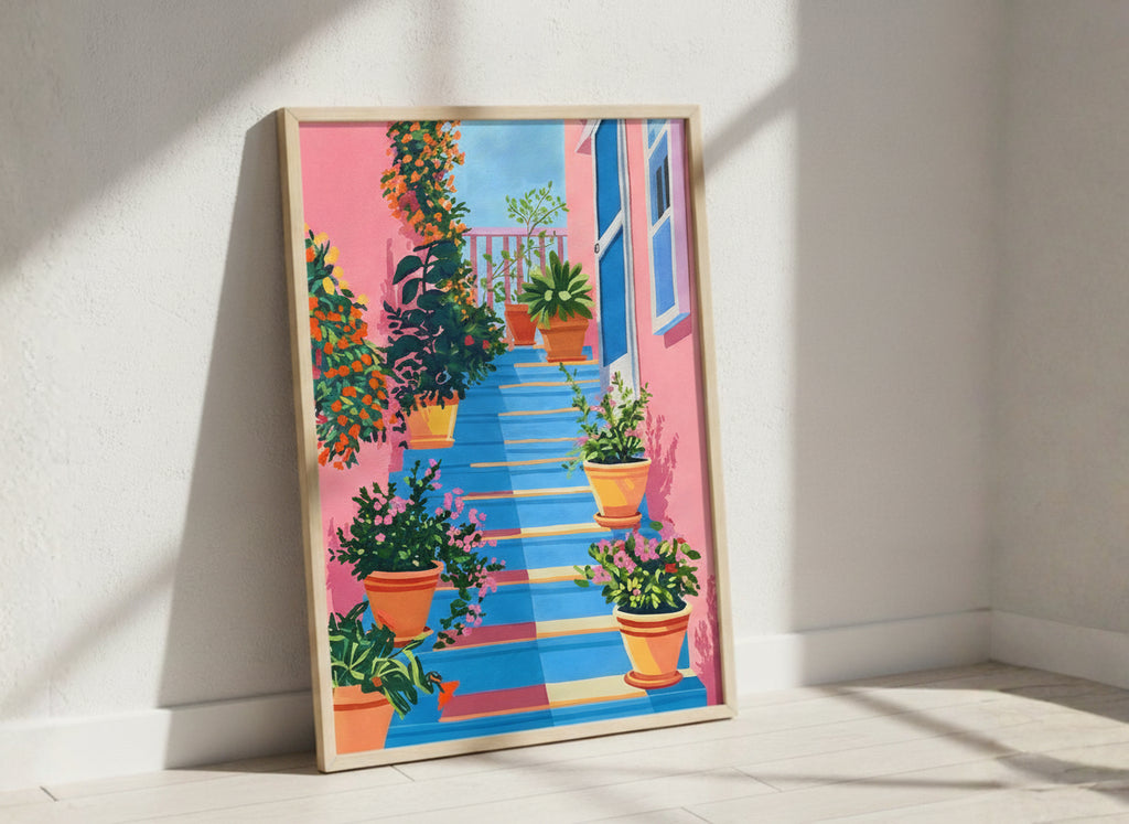 Greek Island Stairway Botanical Art art print