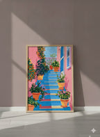 Greek Island Stairway Botanical Art art print shown in a purple setting