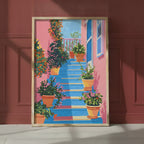 Greek Island Stairway Botanical Art art print shown in a red setting