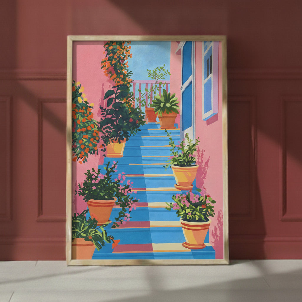 Greek Island Stairway Botanical Art art print shown in a red setting