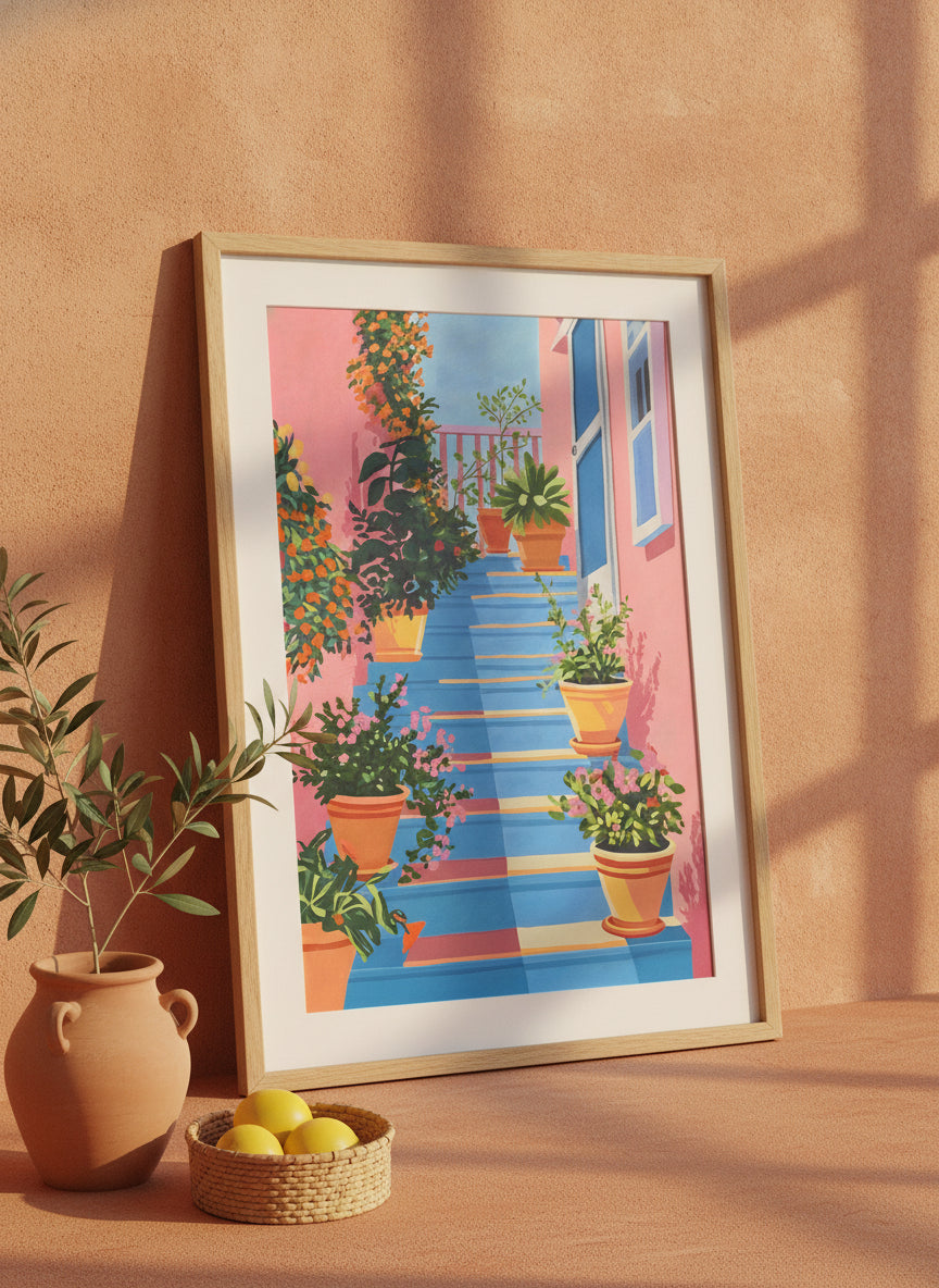 Greek Island Stairway Botanical Art art print shown in a terracotta rustic setting