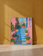 Greek Island Stairway Botanical Art art print shown in a yellow wall setting