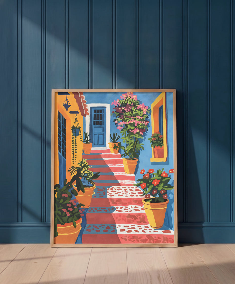 Mediterranean Courtyard Staircase Art art print shown in a blue 1 setting