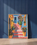 Mediterranean Courtyard Staircase Art art print shown in a blue wall paneled setting