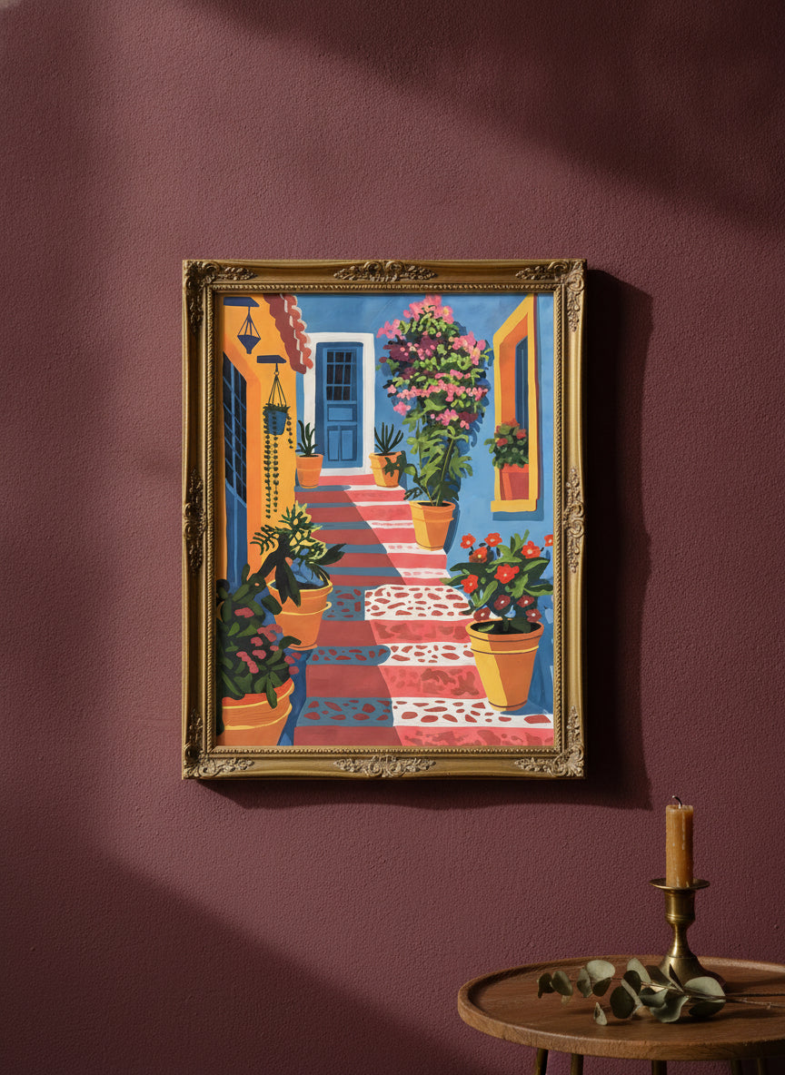 Mediterranean Courtyard Staircase Art art print shown in a burgundy brass setting