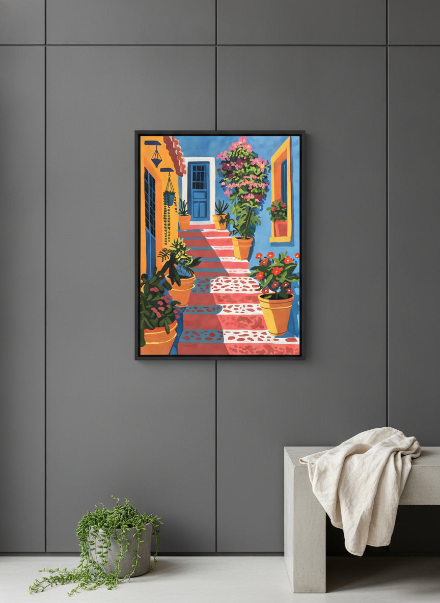 Mediterranean Courtyard Staircase Art art print shown in a charcoal minimal black setting