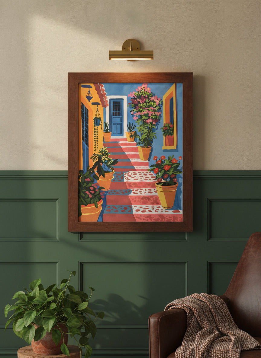 Mediterranean Courtyard Staircase Art art print shown in a forest green walnut setting