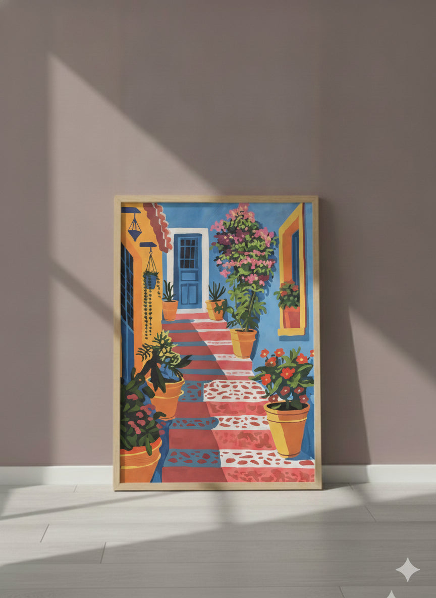 Mediterranean Courtyard Staircase Art art print shown in a purple setting