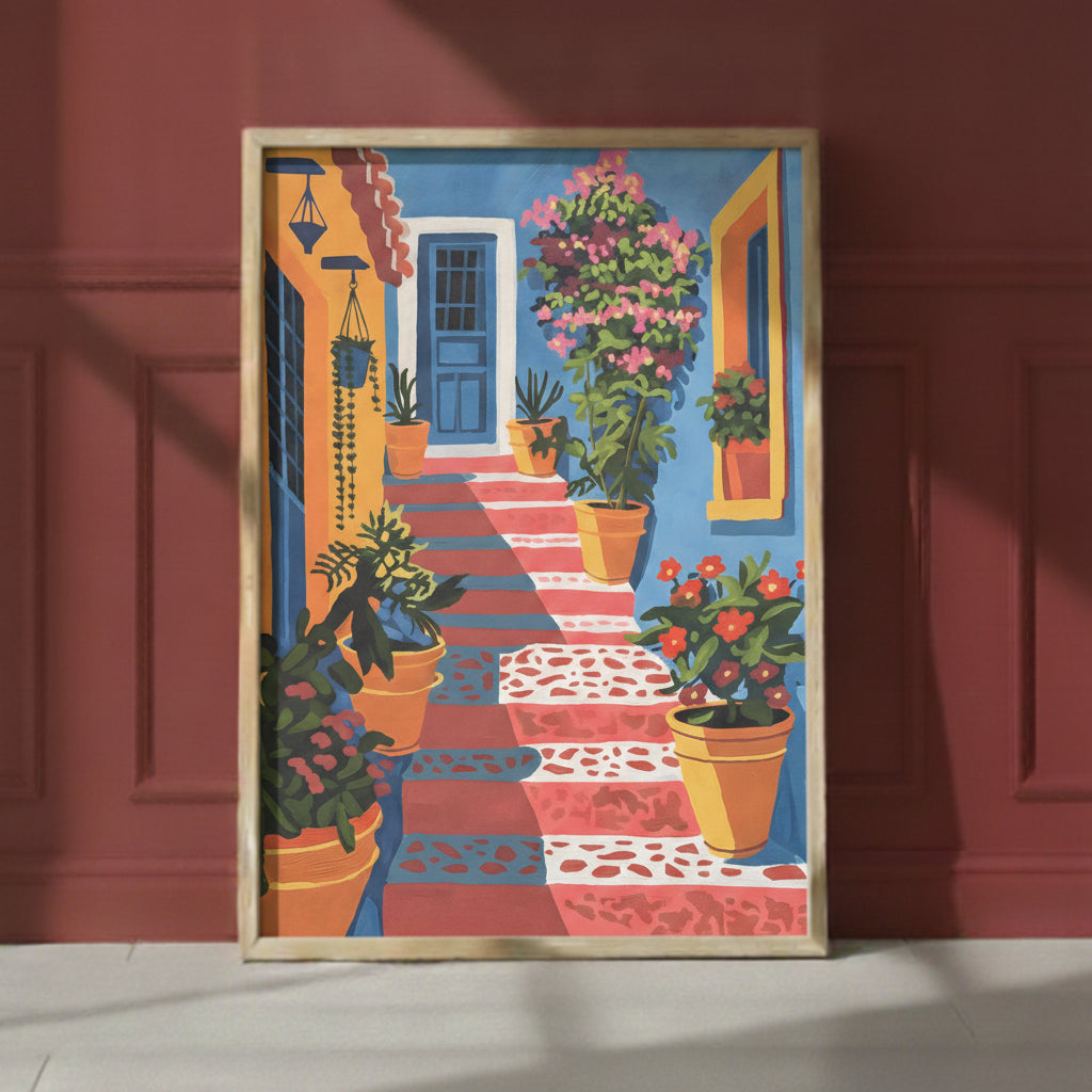 Mediterranean Courtyard Staircase Art art print shown in a red setting