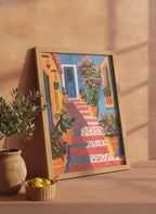 Mediterranean Courtyard Staircase Art art print shown in a terracotta rustic setting