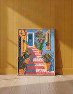 Mediterranean Courtyard Staircase Art art print shown in a yellow wall setting