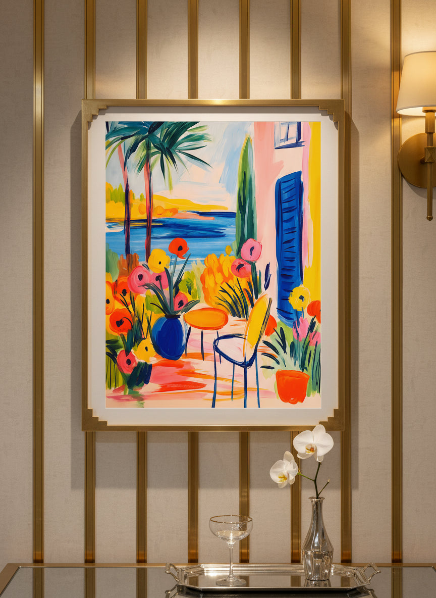 Mediterranean Garden Terrace Art art print shown in a art deco geometric setting