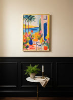 Mediterranean Garden Terrace Art art print shown in a black wainscoting gold setting
