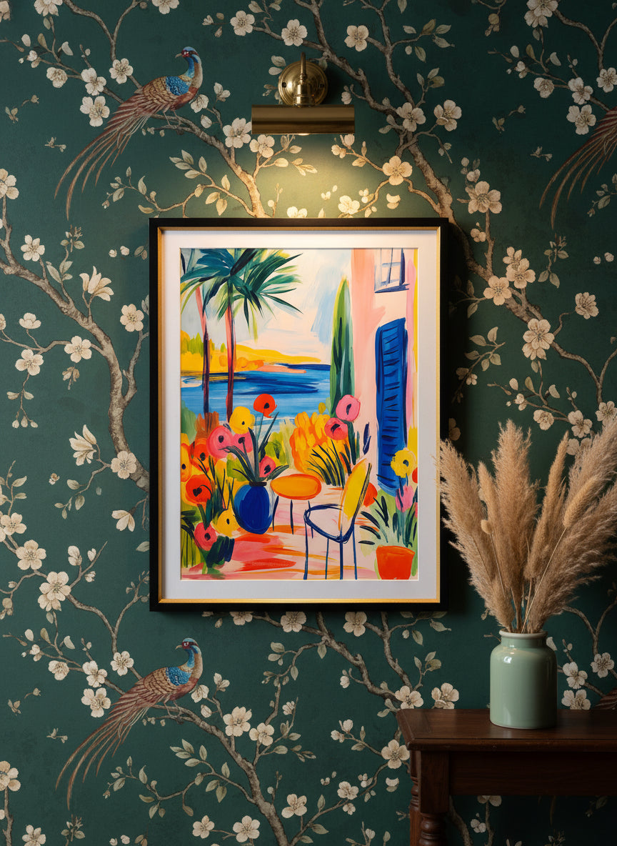 Mediterranean Garden Terrace Art art print shown in a chinoiserie moody setting