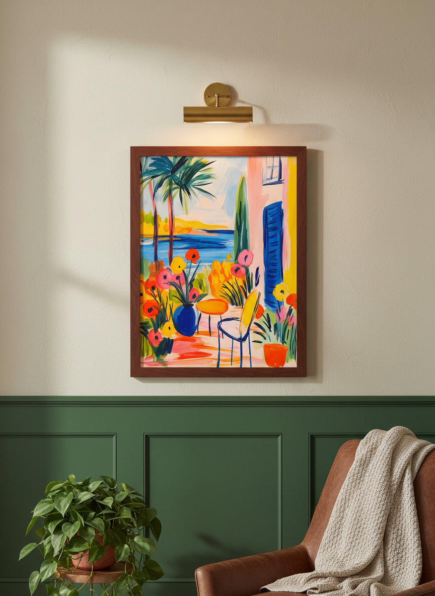 Mediterranean Garden Terrace Art art print shown in a forest green walnut setting