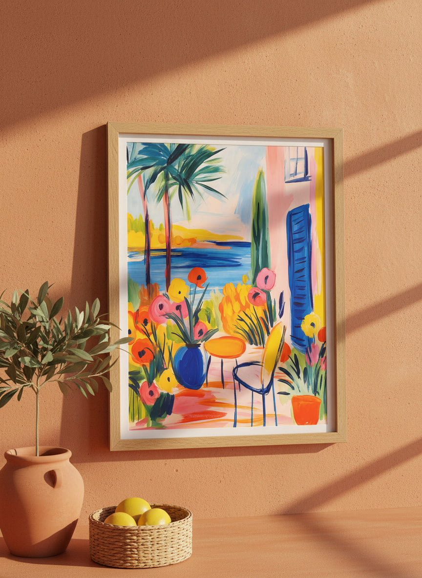 Mediterranean Garden Terrace Art art print shown in a terracotta rustic setting