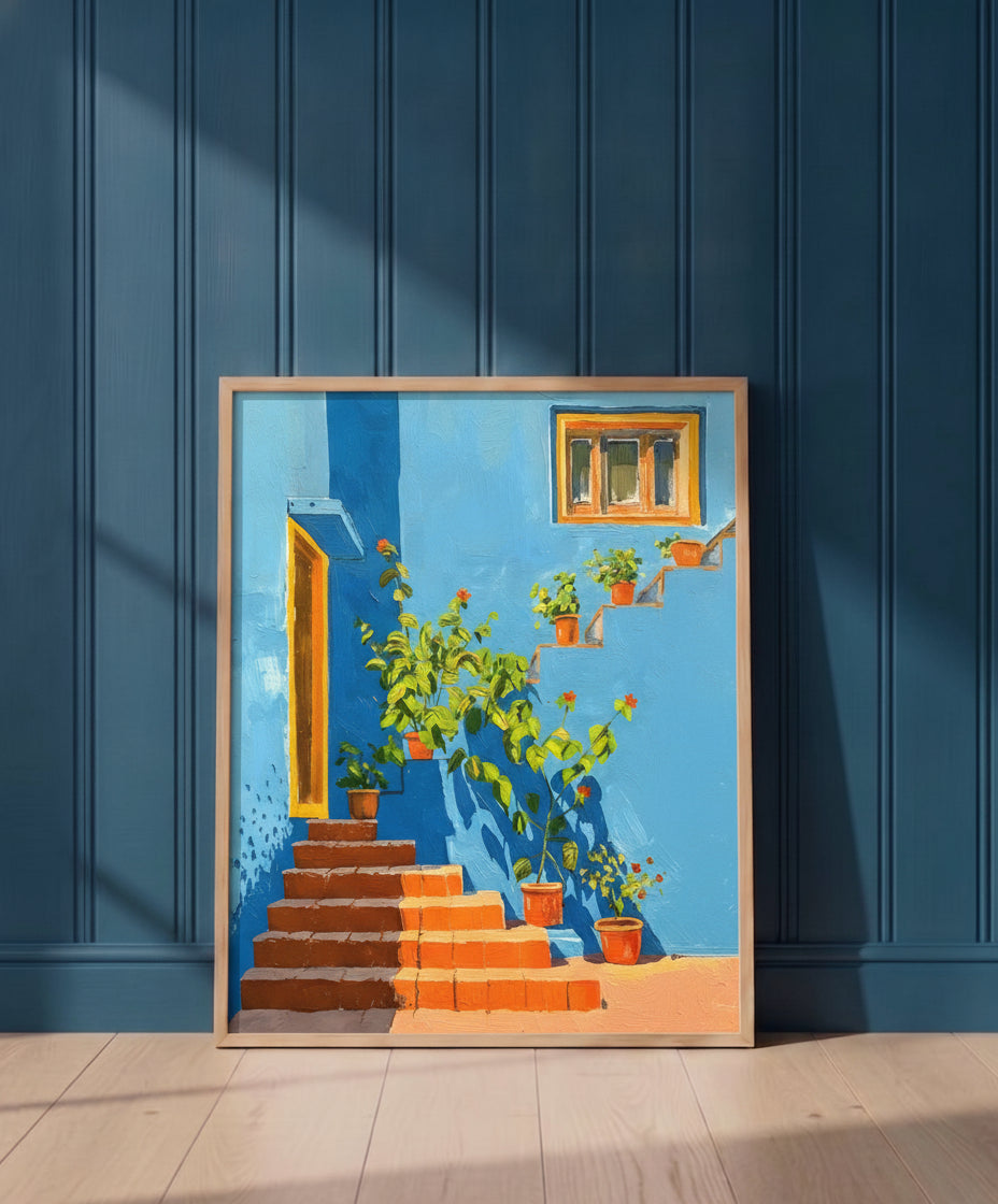 Mediterranean Blue Wall Staircase Art art print shown in a blue 1 setting