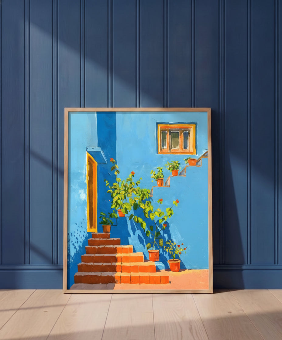 Mediterranean Blue Wall Staircase Art art print shown in a blue wall paneled setting