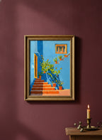Mediterranean Blue Wall Staircase Art art print shown in a burgundy brass setting