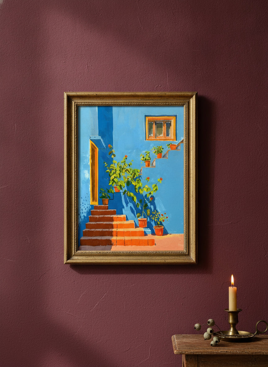 Mediterranean Blue Wall Staircase Art art print shown in a burgundy brass setting