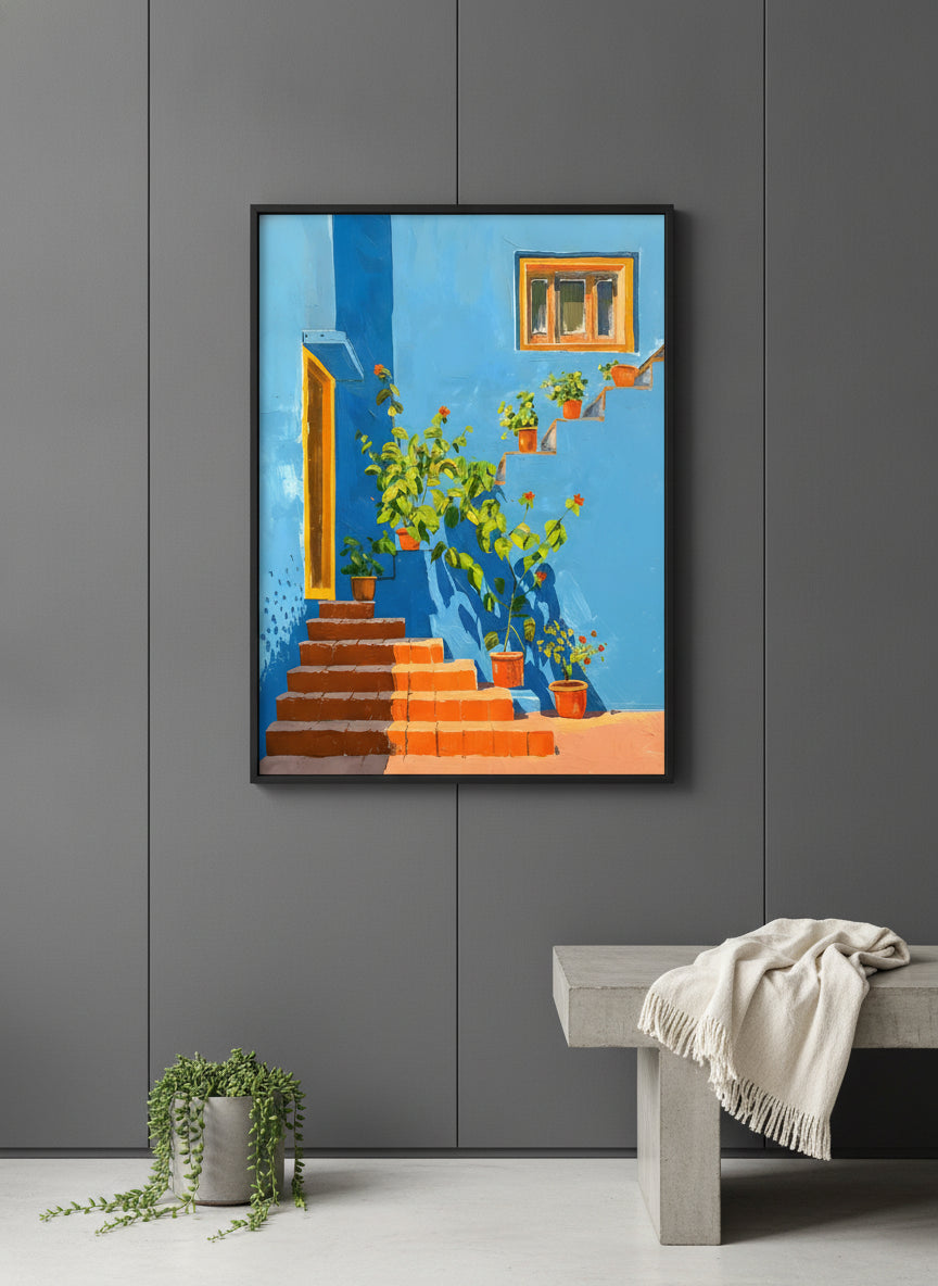 Mediterranean Blue Wall Staircase Art art print shown in a charcoal minimal black setting