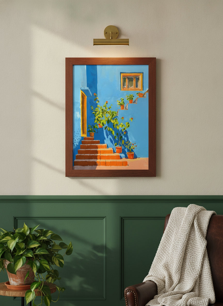 Mediterranean Blue Wall Staircase Art art print shown in a forest green walnut setting